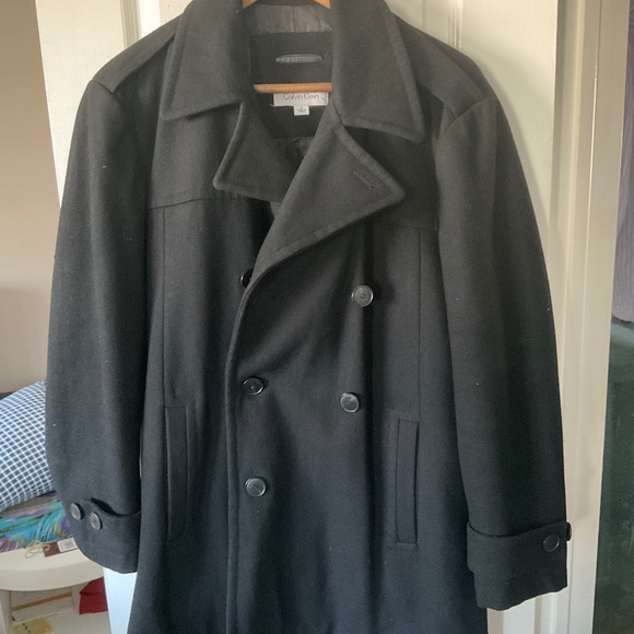 CALVIN KLEIN Men's Wool Blend Black Button Lined Pea Coat Winter Size S - Picture 1 of 5